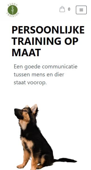 De website van Pashu Training, gemaakt met Appset, getoond op een telefoon